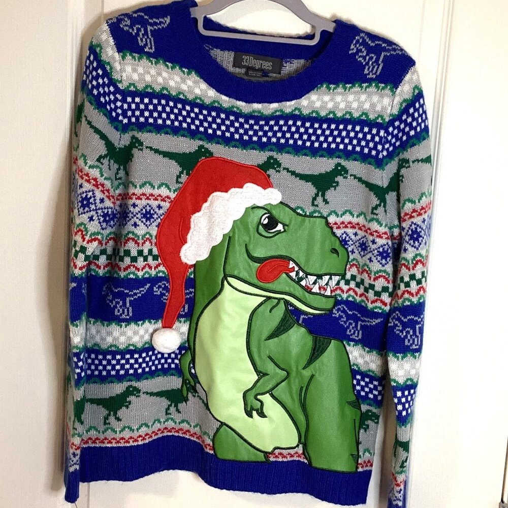 33 Degrees Men's UGLY Christmas Knit Sweater Dinosaur Holiday Festive Size L